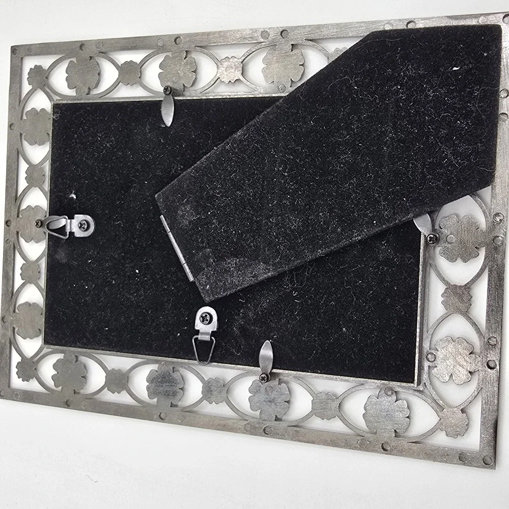 Heirloom Silvertone Floral Blue Jewel Design Photo Picture Frame Vtg